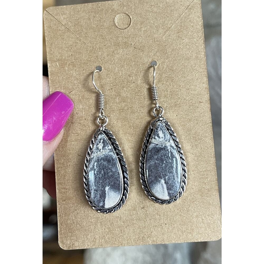 Zebra Jasper Teardrop Dangle Earrings Silver Plated Gray White Stone BIG